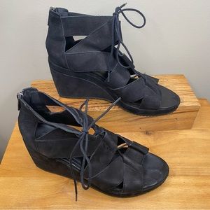 EILEEN FISHER Dibs Lace Up Wedge Sandals Black Nubuck Leather Shoes